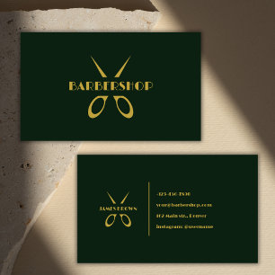 Minimalist Gold Scissors Green Barbershop Salon Business Card