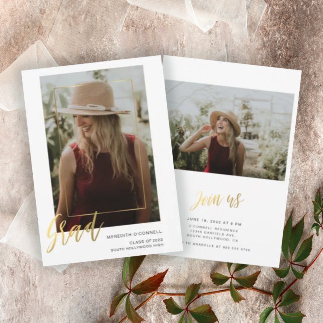 Minimalist Gold Script 2 Photo Graduation  Invitation (Creator Uploaded)