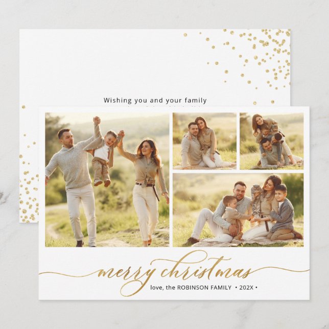 Minimalist Gold Script 4 Photo Collage Christmas  Holiday Card (Front/Back)