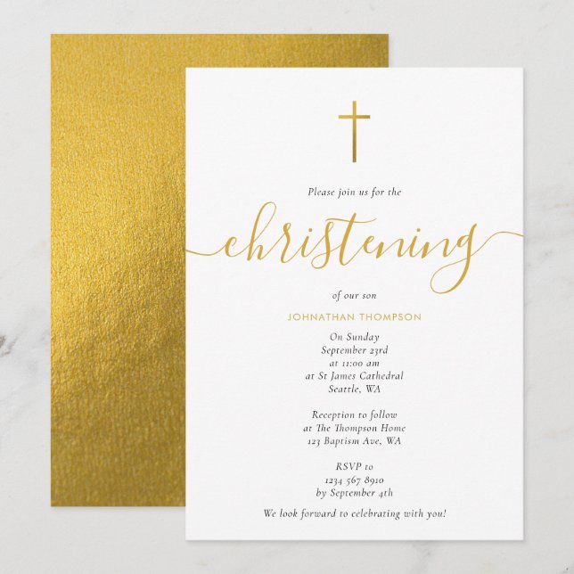 Minimalist Gold Script Baptism Christening  Invitation (Front/Back)
