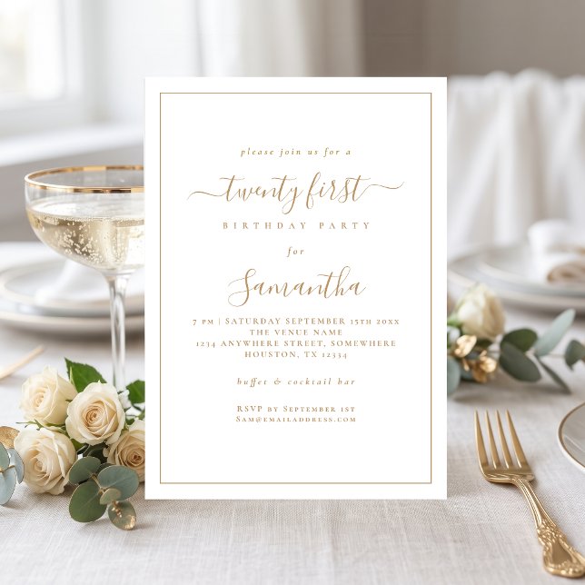 Minimalist Gold Script Border 21st Birthday Party Invitation (Creator Uploaded)