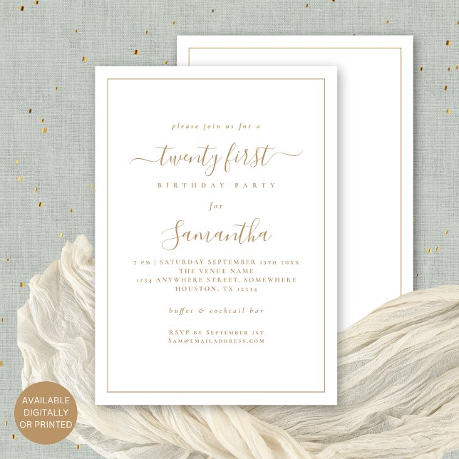 Minimalist Gold Script Border 21st Birthday Party Invitation (Front and back view. Available digitally or printed)
