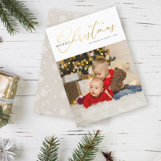 Minimalist Gold Script Photo Merry Christmas Holiday Card (Creator Uploaded)