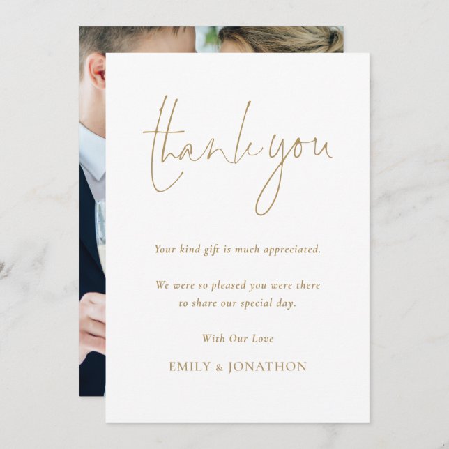 Minimalist Gold Script Photo Wedding Thank You Card (Front/Back)