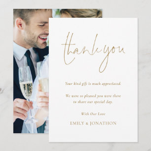 Minimalist Gold Script Photo Wedding Thank You Card