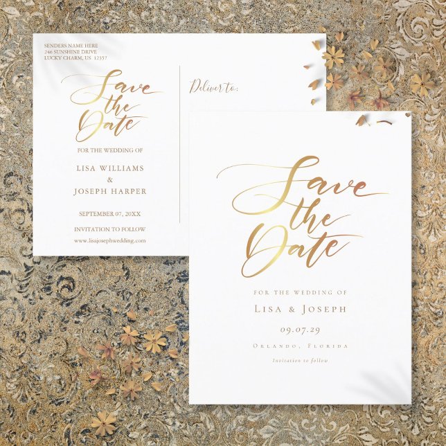 Minimalist Gold Script Save the Date Announcement Postcard (Minimalist Gold Script Save the Date Announcement Postcard)
