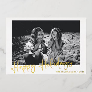 Minimalist Gold Script Typography Overlay Photo Foil Holiday Card