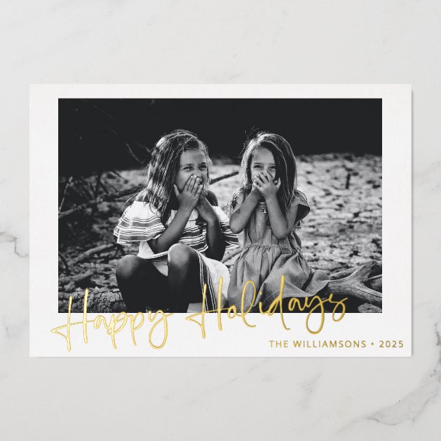 Minimalist Gold Script Typography Overlay Photo Foil Holiday Card (Front)
