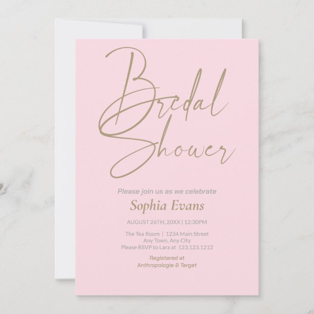 Minimalist Gold Silver Soft Pink Bridal Shower Invitation (Front)