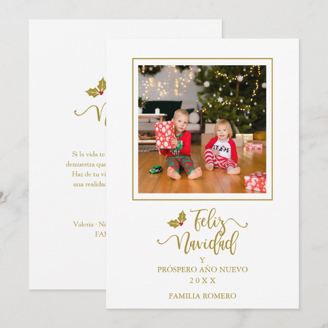 Minimalist Gold Spanish Christmas Family Photo Holiday Card (Front/Back)