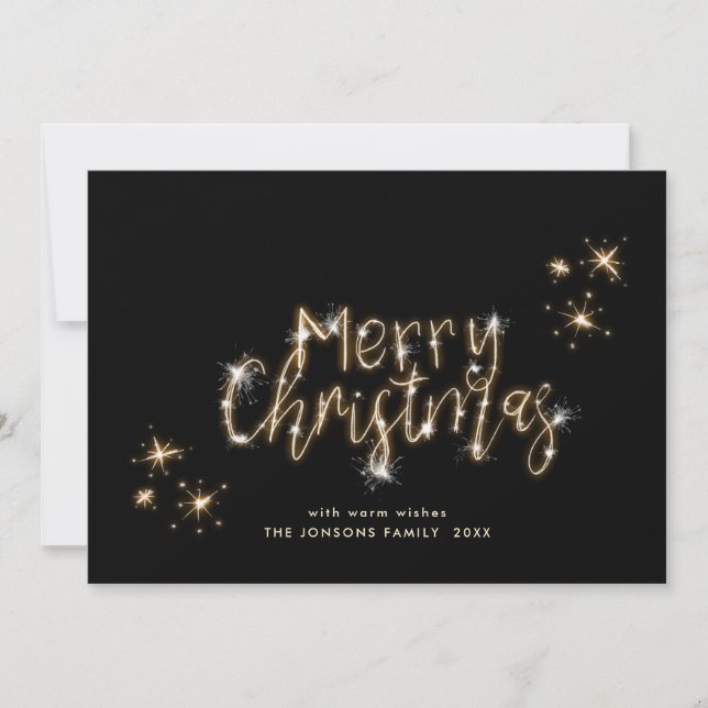 Minimalist Gold Sparkle Lights Black Christmas Holiday Card (Front)