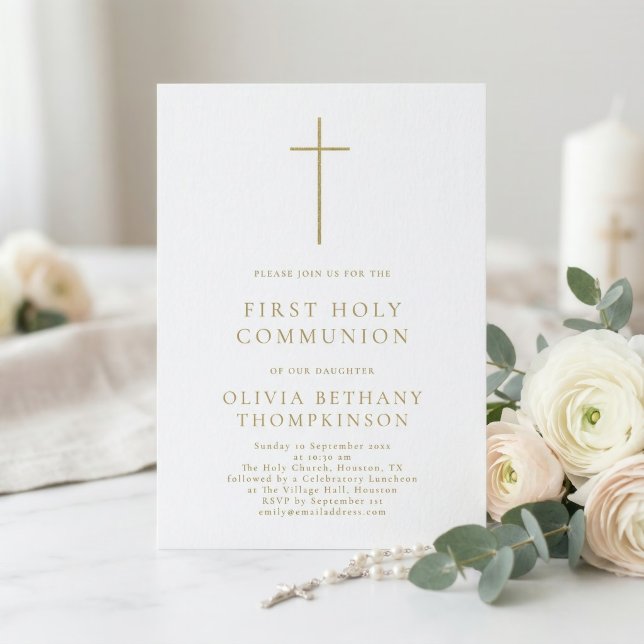 Minimalist Gold Text Cross First Holy Communion Invitation (Creator Uploaded)