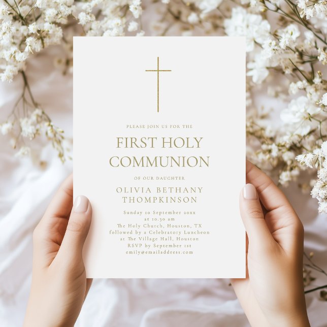 Minimalist Gold Text Cross First Holy Communion Invitation (Creator Uploaded)