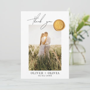 Minimalist gold wax seal photo wedding thank you card