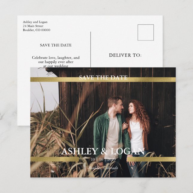 Minimalist Gold Wedding Save the Date Photo Announcement Postcard (Front/Back)