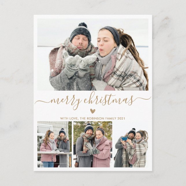 Minimalist Gold White 4 Photo Christmas Postcard (Front)