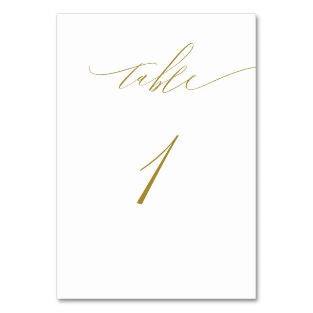 Minimalist Gold White Elegant Script No 1 Wedding Table Number (Front)