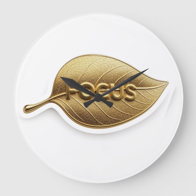 Minimalist Golden Leaf "FOCUS" wall Clock-Premium  Large Clock (Front)