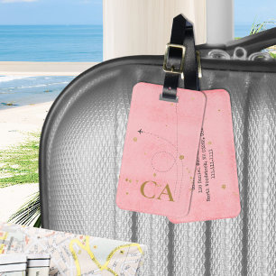 Minimalist Golden Monogram Salmon Pink Airplane Luggage Tag