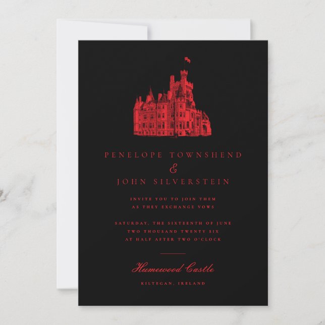 Minimalist Gothic Castle Black Red Wedding Invitation (Front)