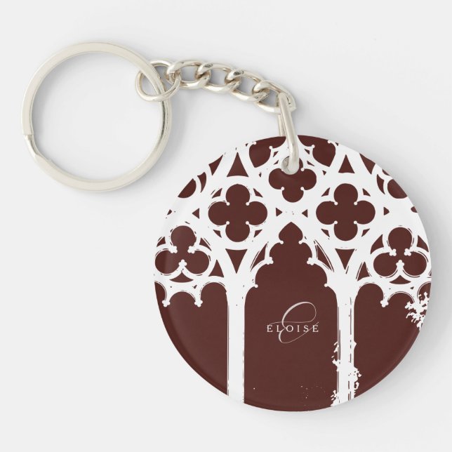 Minimalist Gothic Window Calligraphy Burgundy Keychain (Front)