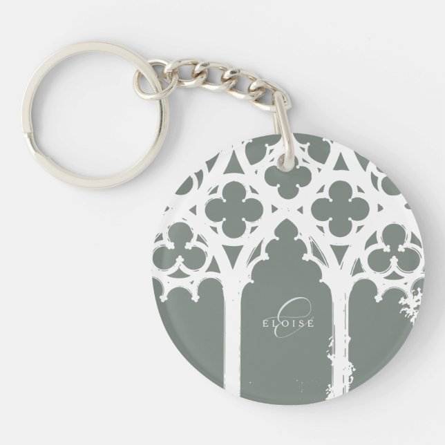 Minimalist Gothic Window Calligraphy Sage Green Keychain (Front)