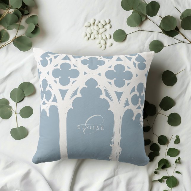 Minimalist Gothic Window Calligraphy Soft Blue Throw Pillow (Creator Uploaded)