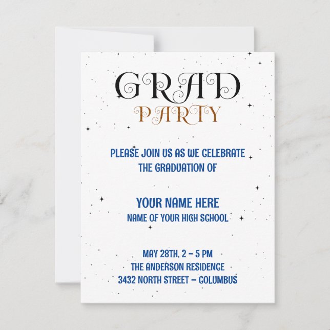 Minimalist Grad Party Blue Black & White Script RSVP Card (Front)