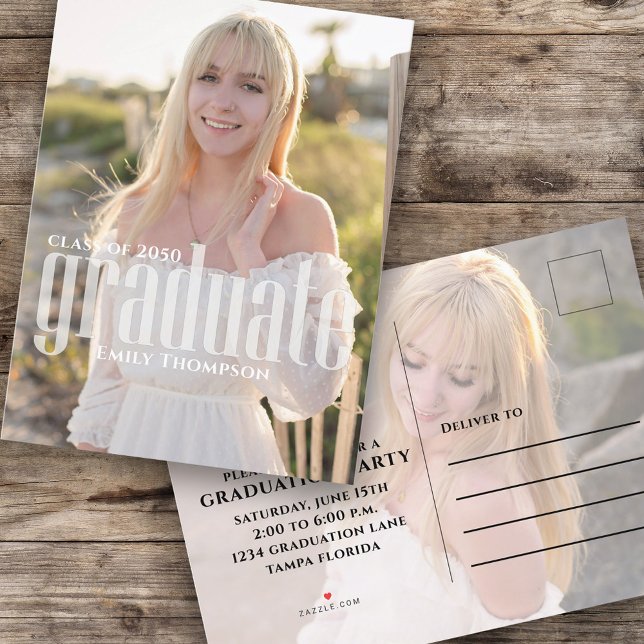 Minimalist Graduate Photo Simple Typography Design Invitation Postcard (Minimalist graduation photo announcement with bold typography and full portrait layout.)