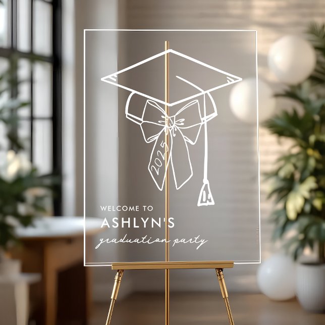 Minimalist Graduation Cap with Bow Welcome Acrylic Acrylic Sign (Acrylic Graduation Welcome Sign)
