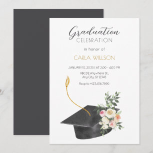 Minimalist graduation cap with flowers invitation