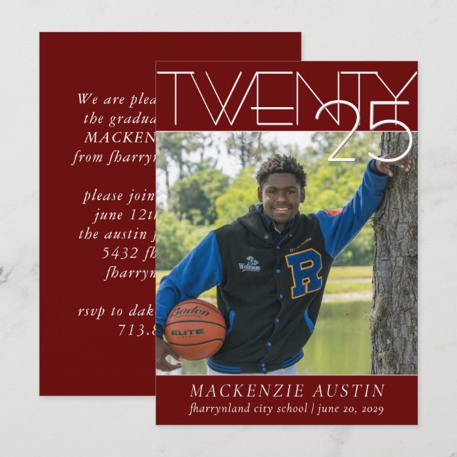 Minimalist Graduation | Dark Red and White Photo Invitation (Front/Back)