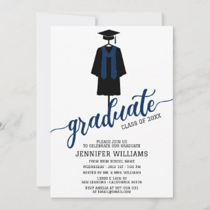 Minimalist Graduation Party Cap & Gown Navy Blue Invitation