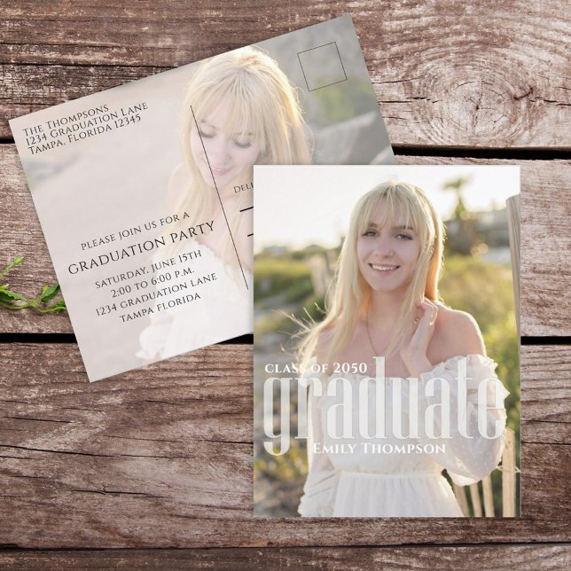 Minimalist Graduation Simple Elegant Script  Postcard (Modern two-photo graduation postcard with bold minimalist typography design.)
