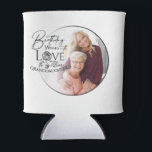 Minimalist Granddaughter Typography Photo Can Cooler<br><div class="desc">This modern minimalist birthday design for a granddaughter features graceful calligraphy blended with clean, contemporary typography that gently highlights love and birthday wishes. The flowing handwritten script is balanced with simple lettering and generous spacing, creating a calm, uncluttered composition. A soft circular photo frame integrates naturally with the typography, allowing...</div>
