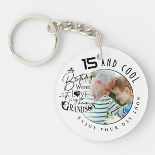 Minimalist Grandson Birthday Lettering Photo Keychain