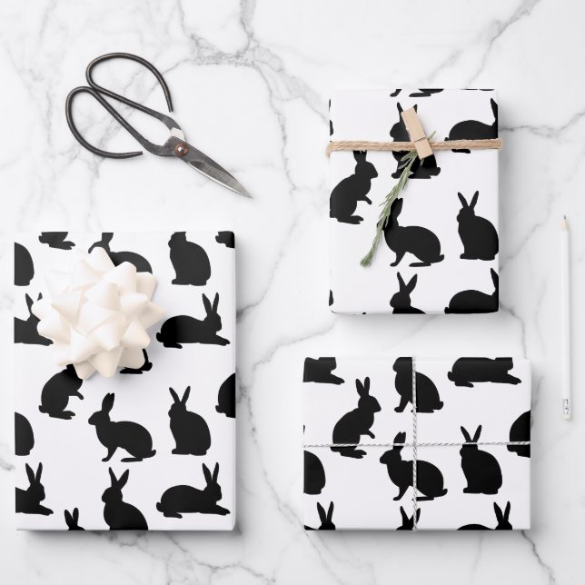Minimalist Graphic Bunny Pattern In Black Easter Wrapping Paper Sheet (Front)