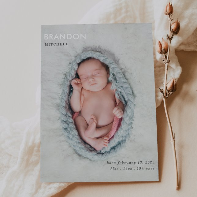 Minimalist Gray Photo Baby Announcement Flat Card (Creator Uploaded)