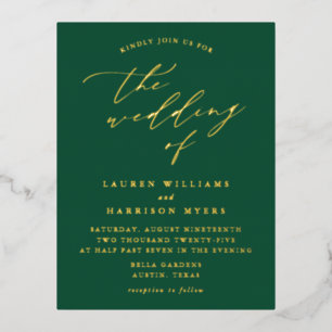 Minimalist Green and Gold Calligraphy Wedding Foil Invitation Postcard