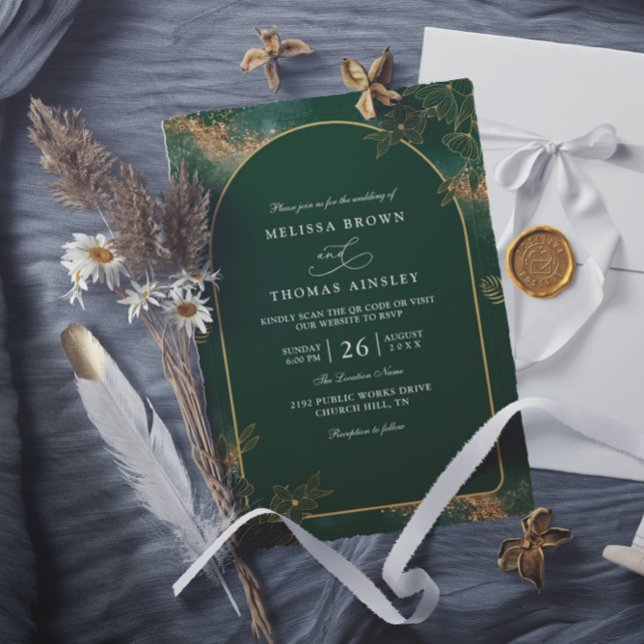 Minimalist Green and Gold Modern QR Code Wedding Invitation (Creator Uploaded)