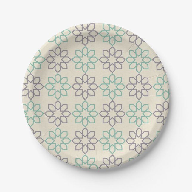 minimalist green and grey moroccan geometry paper plate (Front)