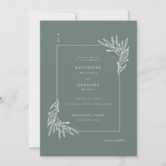 Minimalist Green and White Botanical Wedding Invitation (Front)