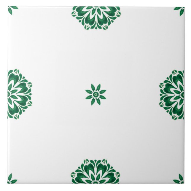 Minimalist Green and White Floral Patterned Tile (Front)