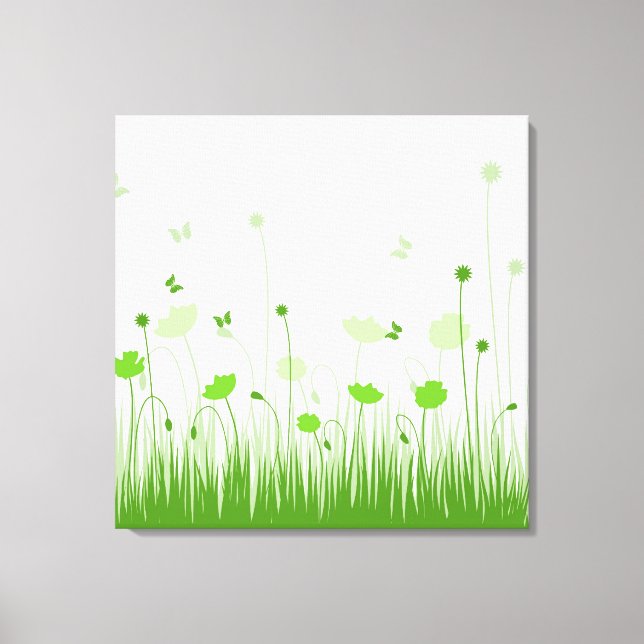 Minimalist Green and White Poppies Meadow Floral Canvas Print (Front)