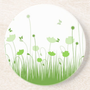 Minimalist Green and White Poppies Meadow Floral Coaster
