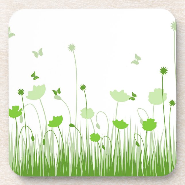 Minimalist Green and White Poppies Meadow Floral Coaster (Front)