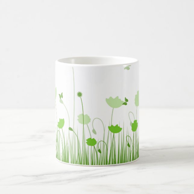 Minimalist Green and White Poppies Meadow Floral Coffee Mug (Center)