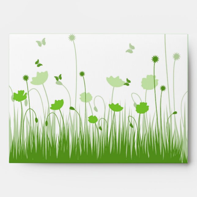 Minimalist Green and White Poppies Meadow Floral Envelope (Front)