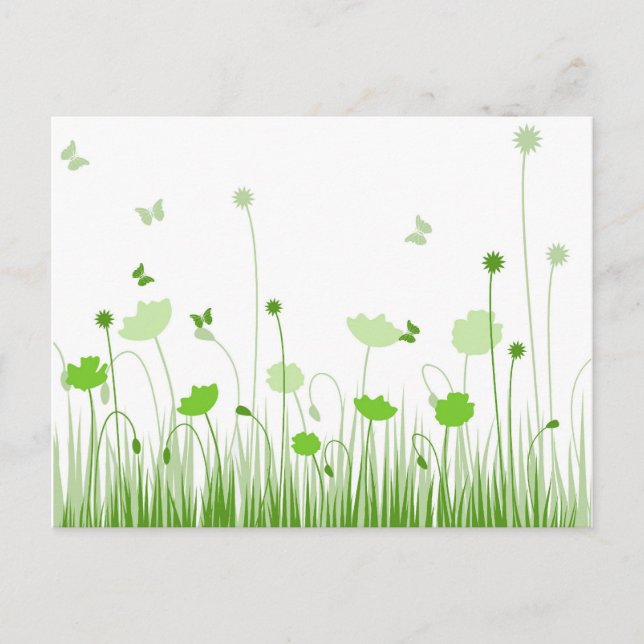 Minimalist Green and White Poppies Meadow Floral Postcard (Front)