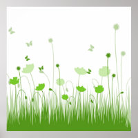 Minimalist Green and White Poppies Meadow Floral
